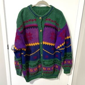 Vintage Handknit Wool Nordic Cardigan Sweater Pirple Green Blue size XLarge